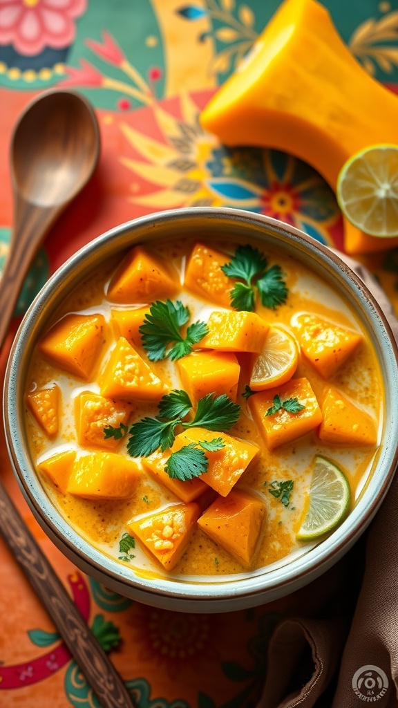 Creamy Butternut Squash Coconut Curry Creamy butternut squash curry with coconut milk, garnished with cilantro and lime, served in a rustic bowl.